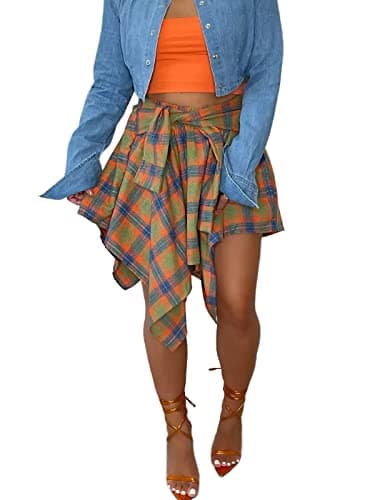 ALLUMK Women's High-Waist Casual Plaid Mini Skirts with Belt — Orange&blue