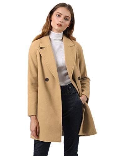 Allegra K Women's Notched Lapel Double Breasted Winter Coats — Khaki