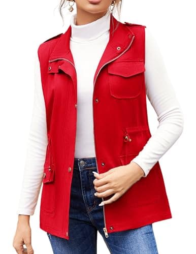 Beyove Women's Lightweight Sleeveless Military Anorak Cargo Vest — A- No Hood-red