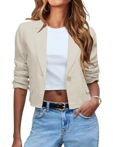 Womens Cotton Linen Cropped Blazer Suit — Beige