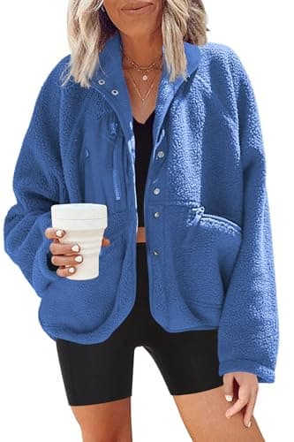 Nirovien Women's Fuzzy Fleece Button Down Sherpa Coat Winter Warm Coat — Bright Blue