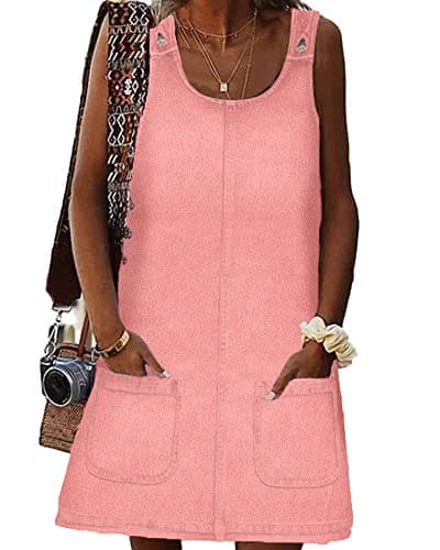 BZB Women's Casual Sleeveless Denim Overall Dress with Pockets — Pink