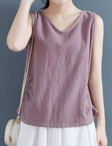 IDEALSANXUN Women's Linen Tank Tops Vest Shirt Lightweight V-Neck Casual