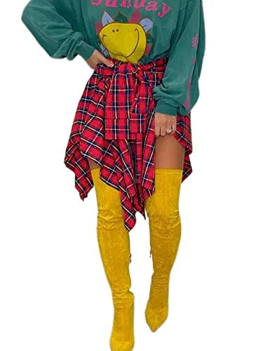 ALLUMK Women's High-Waist Casual Plaid Mini Skirts with Belt — Red