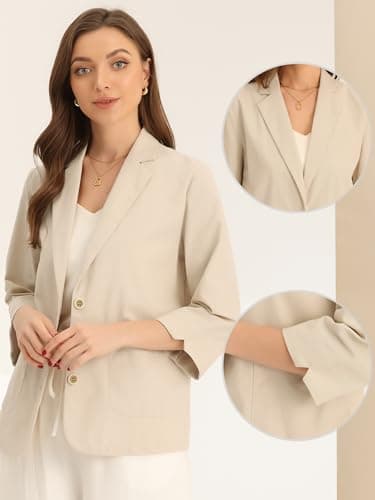Women's Allegra K Linen Blazer 3/4 Sleeve Notched Collar Office Suit Jacket