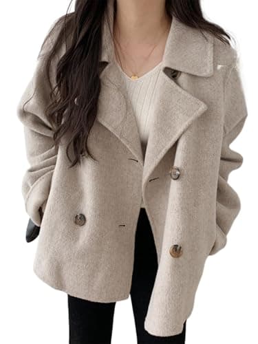 IDEALSANXUN Women's 2024 Fall Winter Short Wool Trench Coats & Pea Coats — Khaki