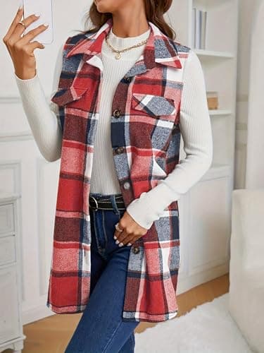 IDEALSANXUN Women's Plaid Sleeveless Cardigan Shacket Vest Fall Fashion