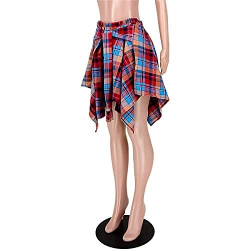 Atyfuniby Women's High-Waisted Plaid Mini Skater Skirt with Knot Front Hem