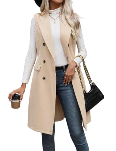 IDEALSANXUN Women's Long Wool Sleeveless Blazer Vest Trench Coat Outerwear