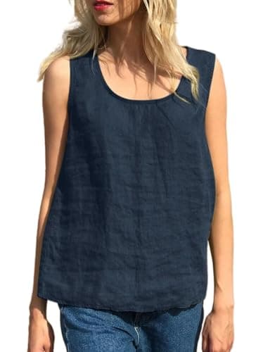 Lightweight Linen Tank Tops for Women- Crew Neck, Sleeveless Blouse — Blue