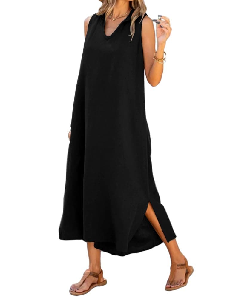 IDEAL SanXun V-Neck Sleeveless Sundresselong Shirt Dress