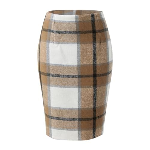 Womens High Waist Plaid Wool Bodycon Mini Skirt Slit — Light Khaki Grid