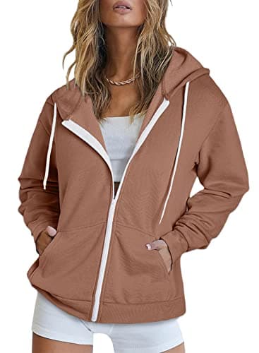 Women's Zip Up Hoodie Sweatshirt Jacket Coat — A Brown 2