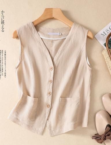 Linen vest for women, sleeveless blazer with button down cardigan