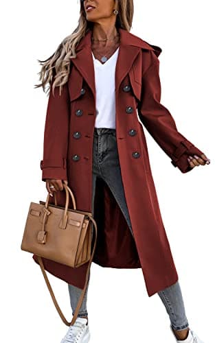 Fisoew Women's Classic Double Breasted Trench Coat with Belt and Pockets — Wine Red