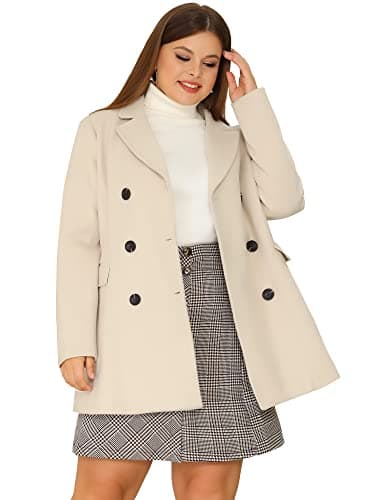 Agnes Orinda Plus Size Notched Lapel Double Breasted Long Coat — Beige