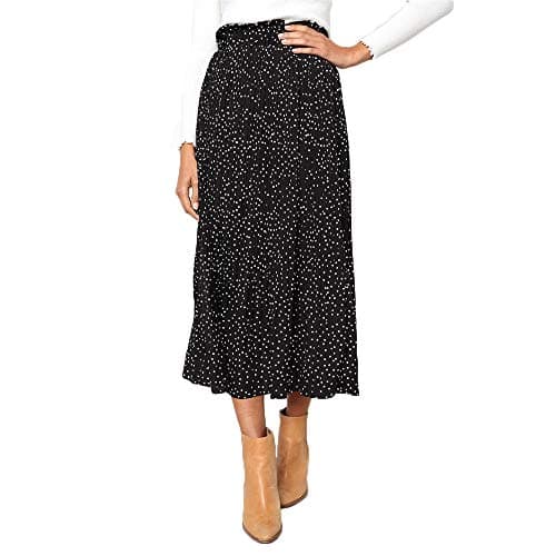 EXLURA Women's High Waist Pleated Polka Dot Maxi Midi Skirt with Pockets — Black