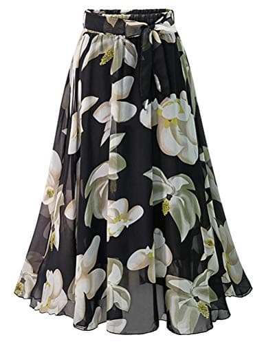 IDEALSANXUN High Waist Floral Midi Chiffon Boho Swing Skirt — Black