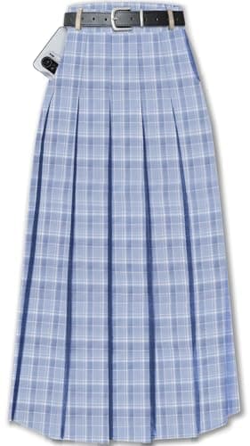 Cromoncent Womens High Waist Pleated Long Skirt with Pockets — Light Blue Plaid