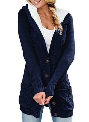 Sidefeel Women's Hooded Fleece Cardigan Winter Coat with Pockets — Hooded Deep Blue