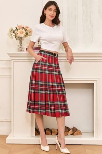 Cromoncent Womens High Waist Pleated Long Skirt with Pockets