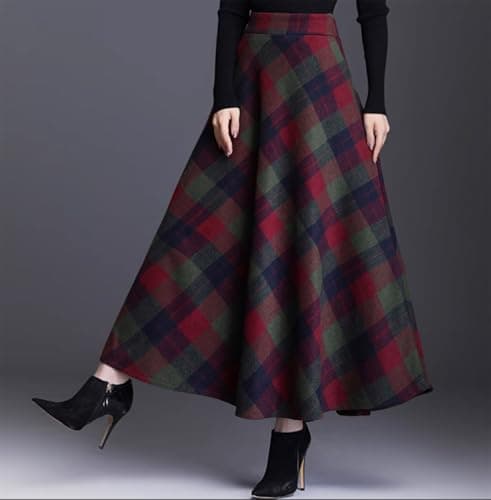 FX Women's Plaid Wool High Waist A-Line Maxi Skirt with Pockets