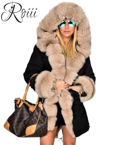 Roiii Women's Warm Winter Thicken Hooded Down Parka Jacket — Black Milk Fur