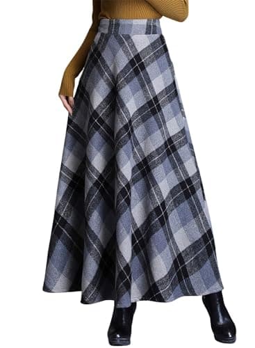 Leyoutx Women's Winter Warm Wool Plaid Maxi Skirts with Pockets — Grey
