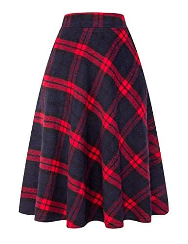Mywinway Women's Warm Winter Aline High-Waisted Wool Plaid Skirts — Red