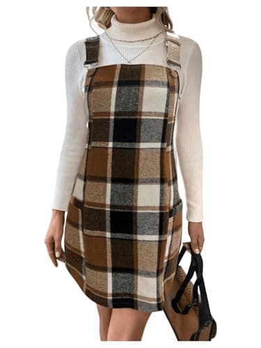 WDIRARA Women's Plaid Sleeveless Pinafore Short Dress with Pockets