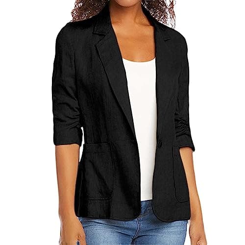 Zowzowkot Women's Lightweight Stretchy Linen Blazer Suit Summer Jackets with Pockets — Black