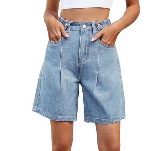 High waist denim shorts with pockets for women — A-light Blue