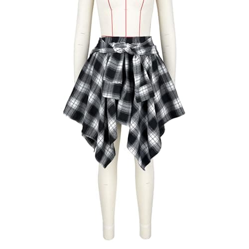 Atyfuniby Women's High Waisted Plaid Mini Skater Skirt with Knot Front
