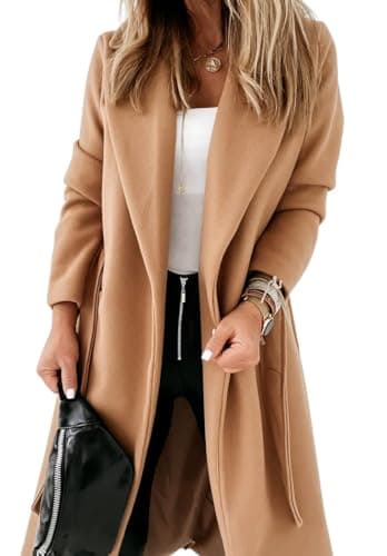 Ladiyo Women's Classic Open Front Belted Long Coat — Camel