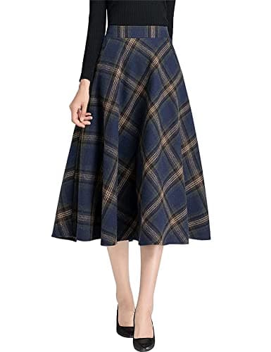 Ylingjun Long Plaid Wool Skirt for Women Winter Fall — Navy/Mid-calf