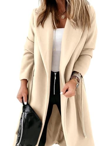 Ladiyo Women's Classic Open Front Belted Long Coat — Beige