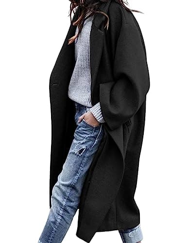 UANEO Women's Wool Blend Double Breasted Long Trench Coat Winter — Black