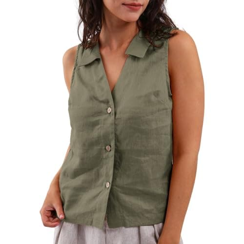 Amazhiyu Women's 100% Linen Slight Crop Button-Down Top — Green