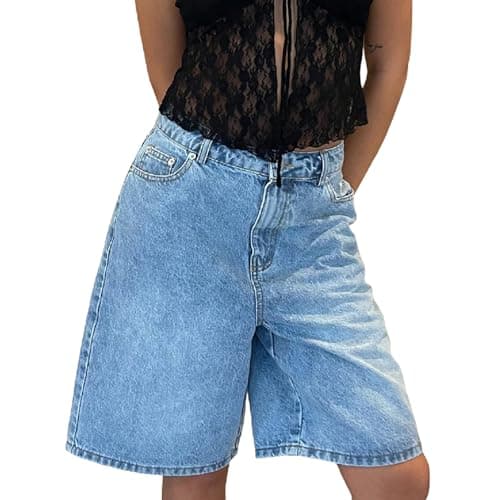 Winioder Y2K Wide Leg Denim Jean Shorts for Women — Blue