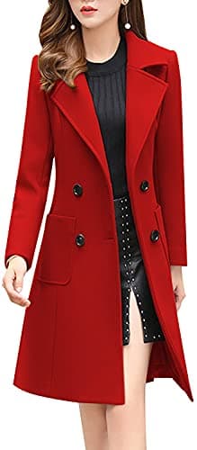 Chouyatou Women's Elegant Notched Collar Double Breasted Wool Blend Coat — Red