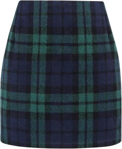 WIFFGO Women's High-Waisted Plaid Wool Mini Skirt — Green