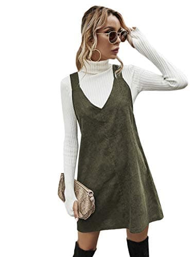 Floerns Women's Casual V-Neck A-Line Corduroy Pinafore Dress — Green