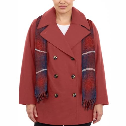 Women's Plus-Size LONDON FOG Double Breasted Peacoat with Scarf — Umber