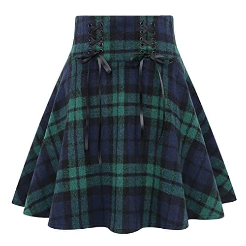 High Waist Lace Up A-line Plaid Skirt for Women — Green