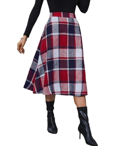 Pemieer High-Waist Wool A-Line Tartan Midi Skirts — 0-red