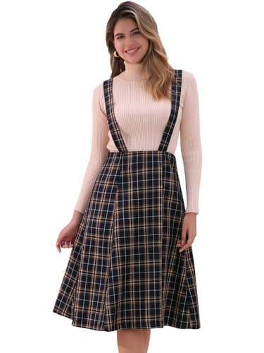 Allegra K Women's Vintage Tartan Suspender Midi Dress High Waist A-Line — Blue Plaid