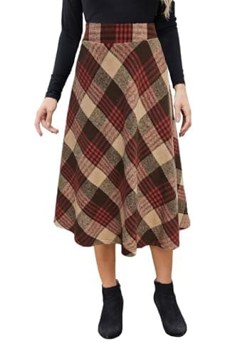 HERBATOMIA Women'sVintagePlaidMidiSkirtwithPocketWinterWarm — Red-brown