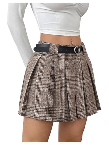 MakeMeChic Women's Flared Plaid Mini Skirt with A-Line Belt — Multicolor a