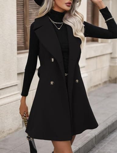 IDEALSANXUN Women's Long Wool Vest Trench Coat Belted Fall Winter Jacket