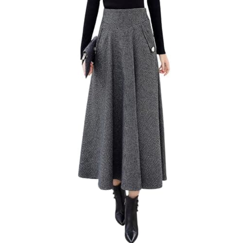 Chouyatou Women's Elegant Houndstooth Midi Wool Skirt with Pockets